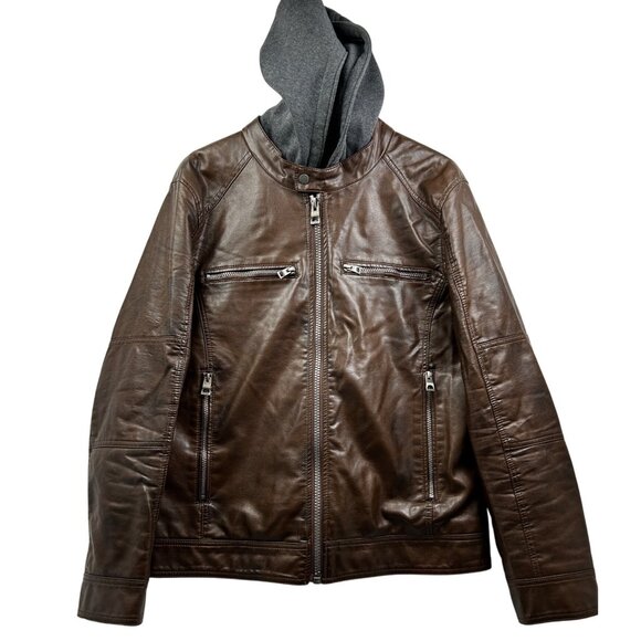 Guess Moto Hoodie Jacket Mens Large Faux Leather Brown Hooded Removable Insert - Picture 3 of 14